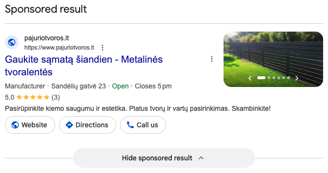 Tikra kliento reklama Google paieškos rezultatuose